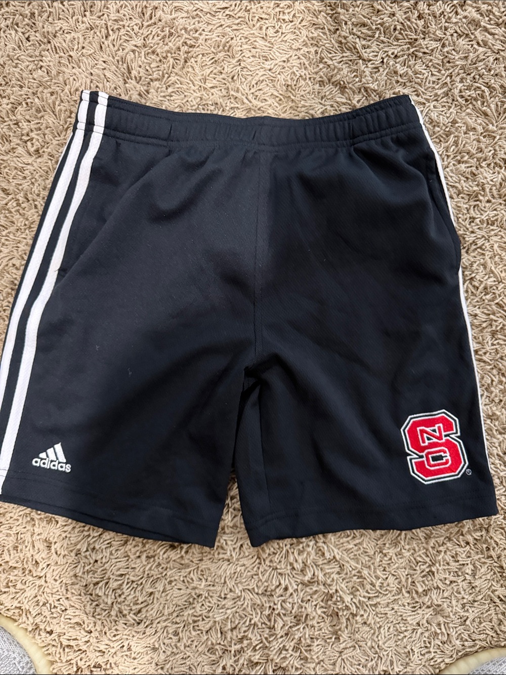 adidas Black Athletic Shorts with White Side Stripes and Red Embroidered Patch